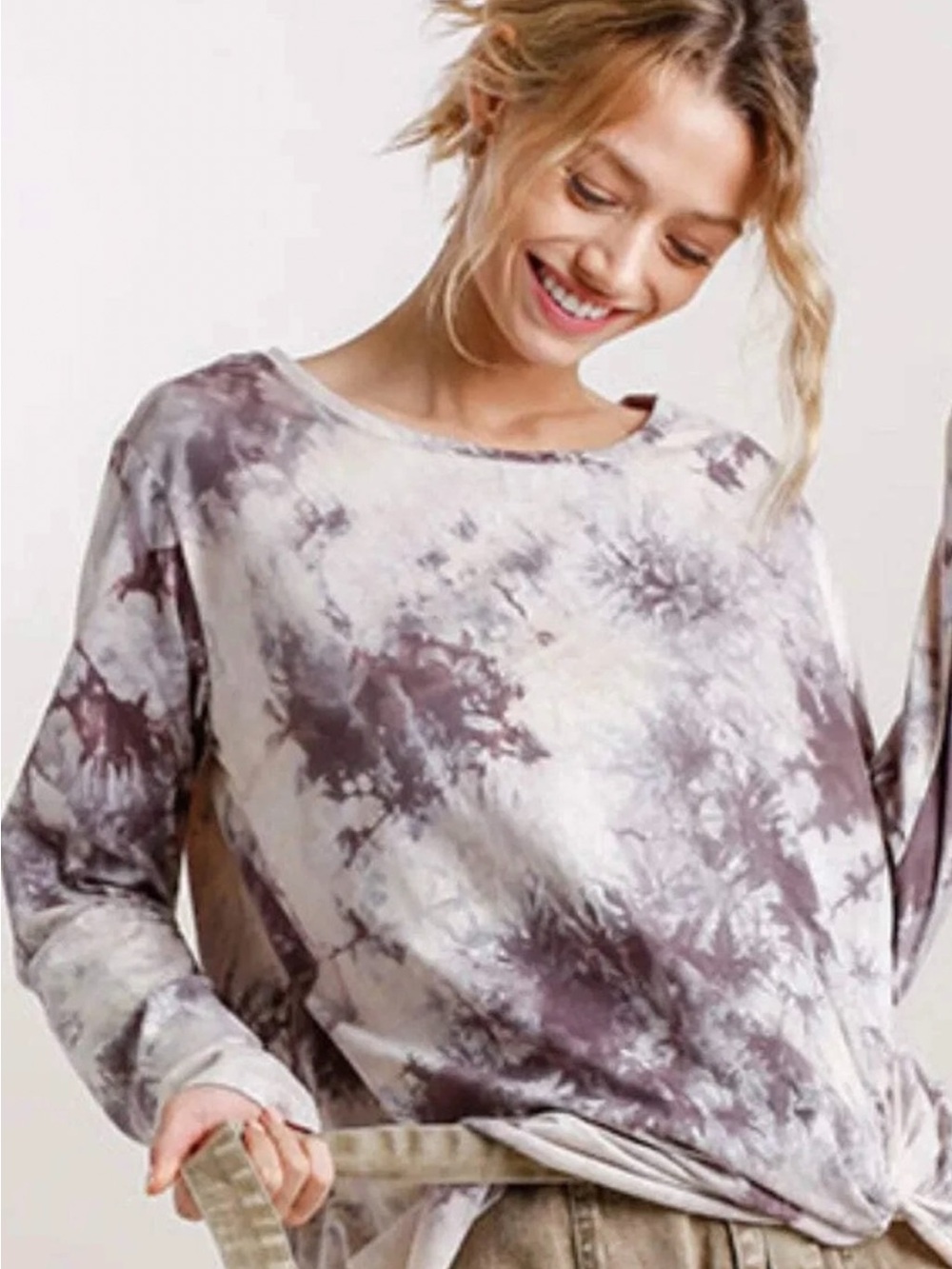 Umgee NWT M BROWN CREAM Tie-Dye Long Sleeve Twist Hem TUNIC